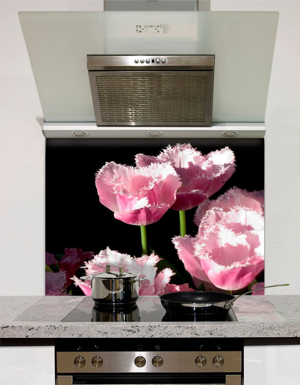 Pink Tulips Black Glass Splashback