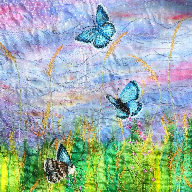 Show details for Butterflies and wildflowers embroidery art Glass Kitchen Splashback Picture of Butterflies and wildflowers embroidery art Glass Kitchen Splashback
