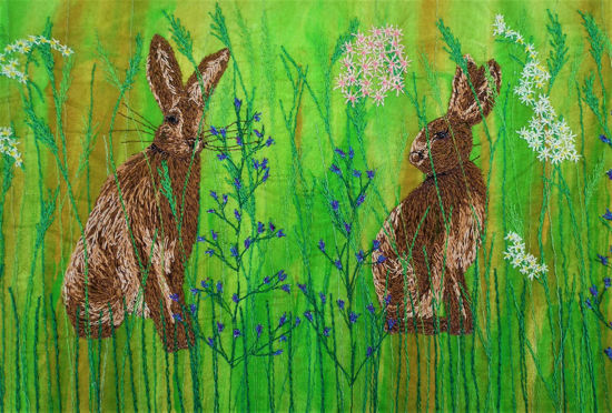 Picture of Hare in grass meadow embroidery art print Glass Kitchen Splashback