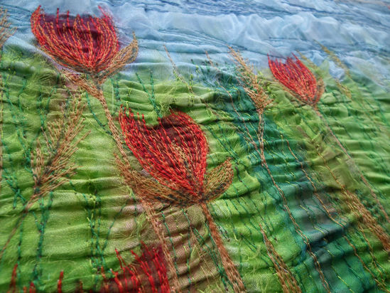 Picture of Red Tulips embroidery art print Glass Kitchen Splashback