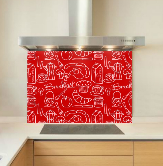 Breakfast red Glass Kitchen Splashback  Breakfast red Glass Kitchen Splashback