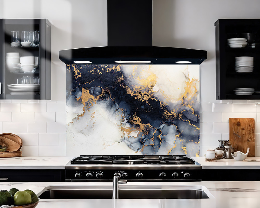 White & Navy Gold Veined Splashback