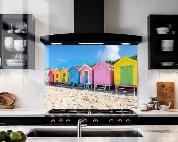 Colourful Beach Huts Glass Splashback