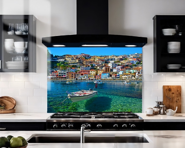 Greek Fishing Village Glass Splashback