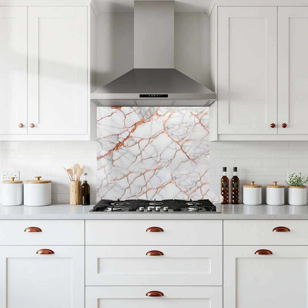 Copper Vein Carrara Marble Glass Splashback White