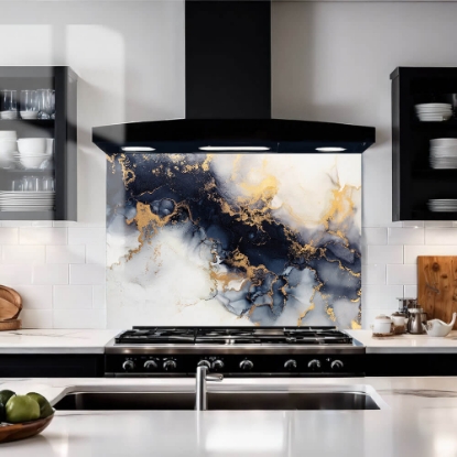White & Navy Gold Veined Glass Splashback Blk