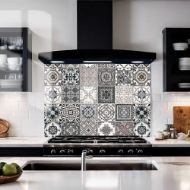 muted palette encaustic tiles glass splashback