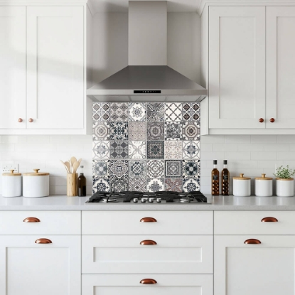 muted palette encaustic tiles glass splashback