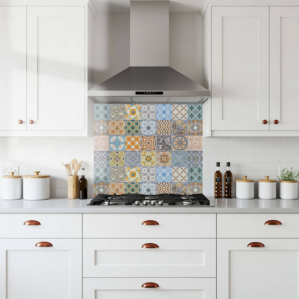 Mixed Tile Print Glass Splashback