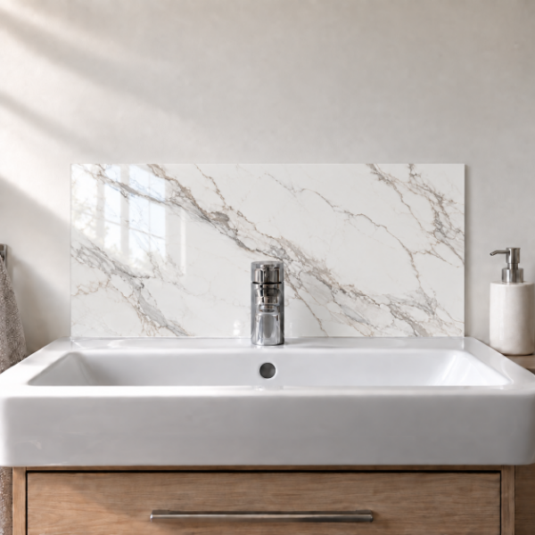Soft White Marble printed acrylic sink splashback with gloss finish behind a white basin - digital visualisation