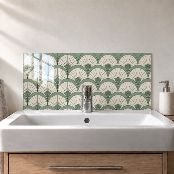 Sage Fan printed acrylic sink splashback with gloss finish behind a white basin - digital visualisation