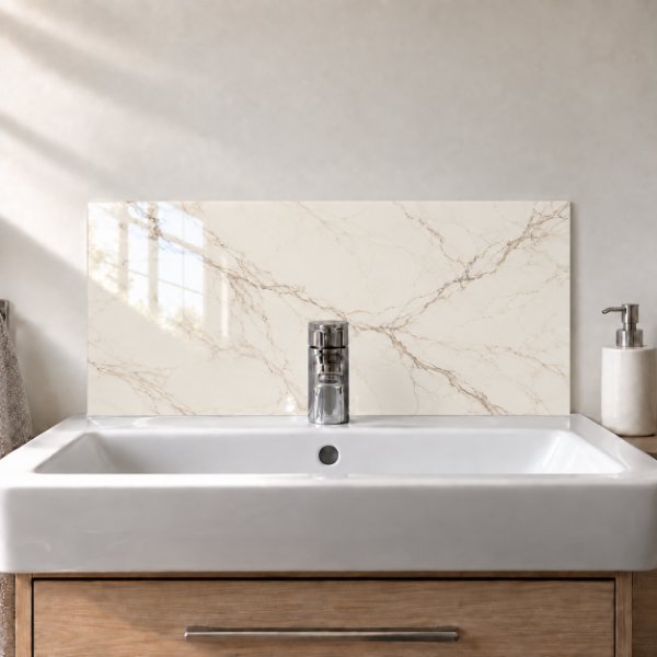 Warm Ivory Marble printed acrylic sink splashback with gloss finish behind a white basin - digital visualisation