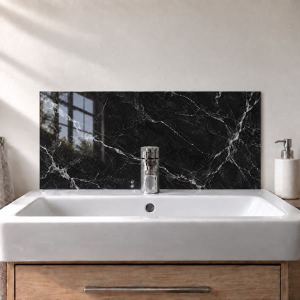 Charcoal Marble printed acrylic sink splashback with gloss finish behind a white basin - digital visualisation