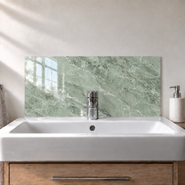 Sage Marble printed acrylic sink splashback with gloss finish behind a white basin - digital visualisation