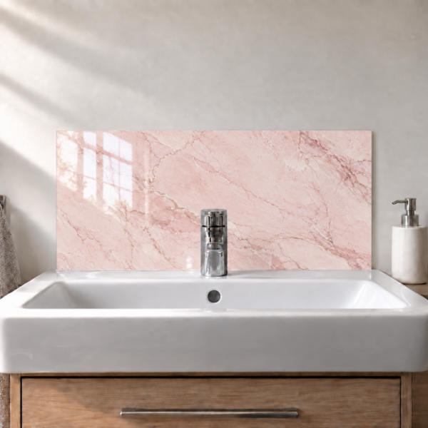Blush Marble printed acrylic sink splashback with gloss finish behind a white basin - digital visualisation