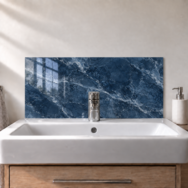 Ocean Blue Marble printed acrylic sink splashback with gloss finish behind a white basin - digital visualisation