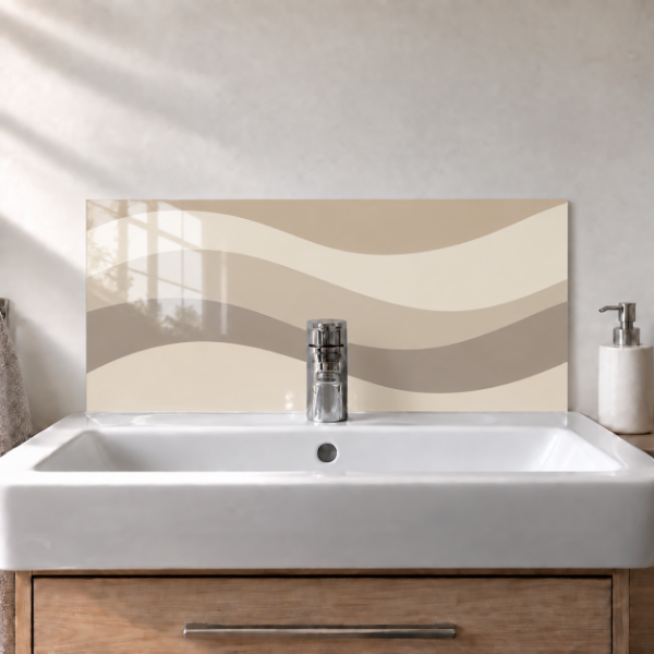 Sandstone Waves printed acrylic sink splashback with gloss finish behind a white basin - digital visualisation