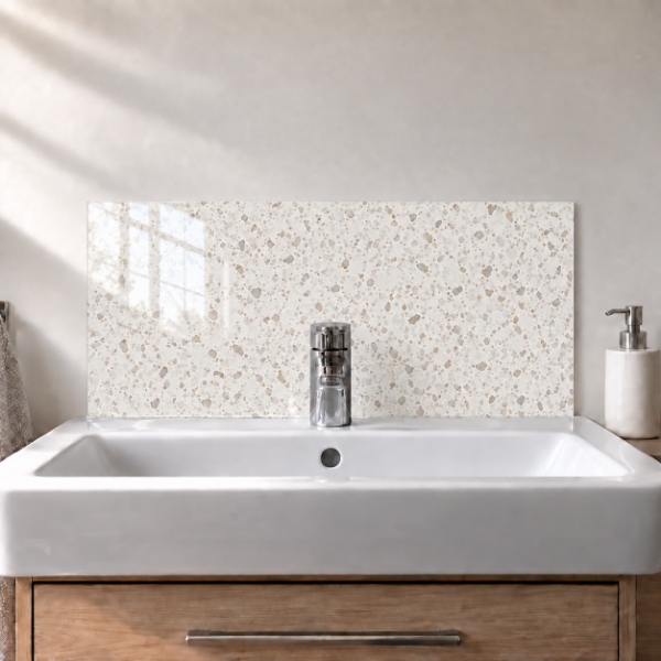 Ivory Terrazzo printed acrylic sink splashback with gloss finish behind a white basin - digital visualisation