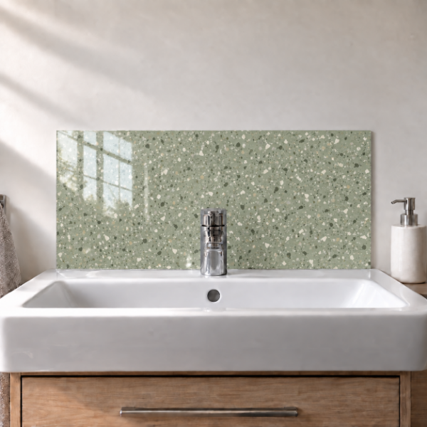 Sage Terrazzo printed acrylic sink splashback with gloss finish behind a white basin - digital visualisation