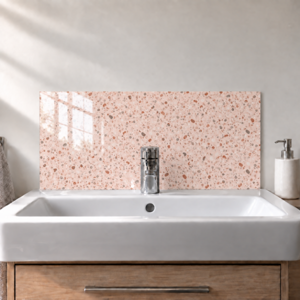 Blush Terrazzo printed acrylic sink splashback with gloss finish behind a white basin - digital visualisation
