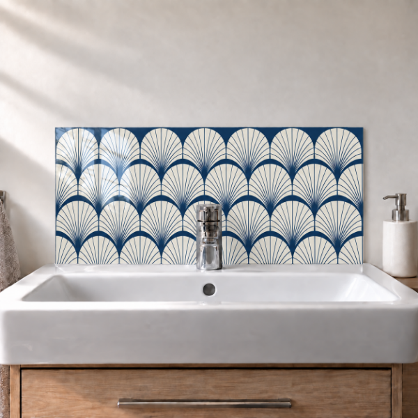 Navy Fan printed acrylic sink splashback with gloss finish behind a white basin - digital visualisation