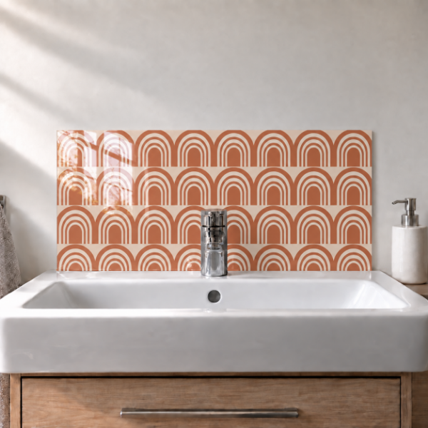 Terracotta Arches printed acrylic sink splashback with gloss finish behind a white basin - digital visualisation