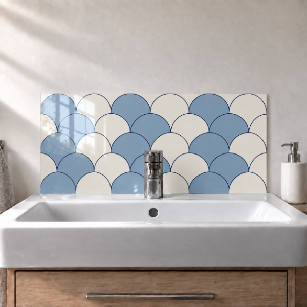 Blue Scallops printed acrylic sink splashback with gloss finish behind a white basin - digital visualisation