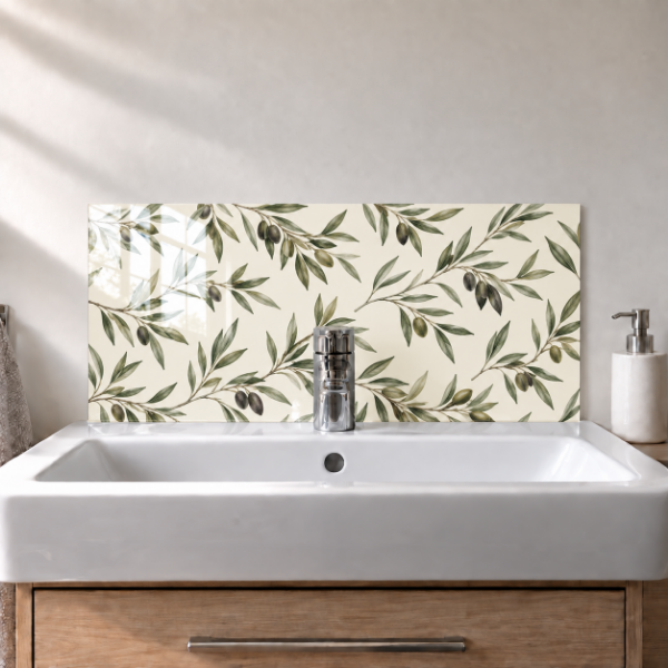 Olive Botanical printed acrylic sink splashback with gloss finish behind a white basin - digital visualisation