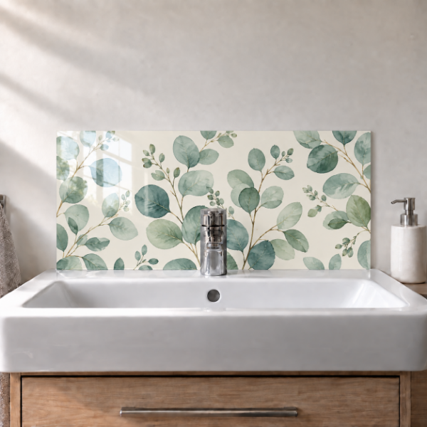 Eucalyptus Mist printed acrylic sink splashback with gloss finish behind a white basin - digital visualisation
