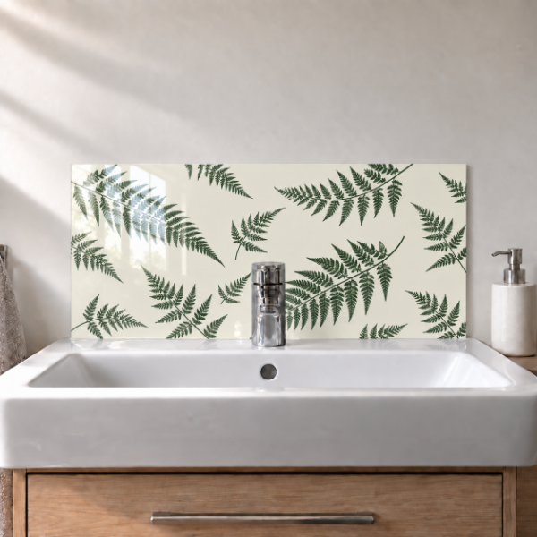 Fern Silhouette printed acrylic sink splashback with gloss finish behind a white basin - digital visualisation