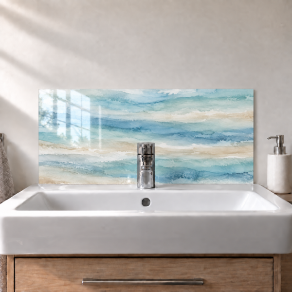 Coastal Watercolour printed acrylic sink splashback with gloss finish behind a white basin - digital visualisation