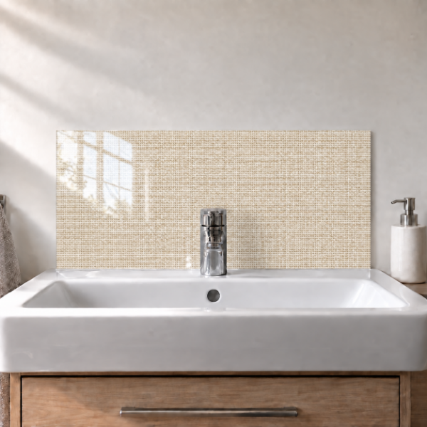 Warm Linen Effect printed acrylic sink splashback with gloss finish behind a white basin - digital visualisation