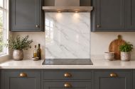 Pearl Grey Marble Effect Glass Splashback as a hob-width panel in a charcoal shaker kitchen