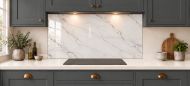 Pearl Grey Marble Effect Glass Splashback as a wide panel under the cooker hood in a charcoal shaker kitchen
