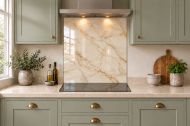 Champagne Gold Marble Effect Glass Splashback as a hob-width panel in a sage shaker kitchen
