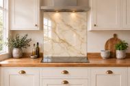 Champagne Gold Marble Effect Glass Splashback as a hob-width panel in a white shaker kitchen