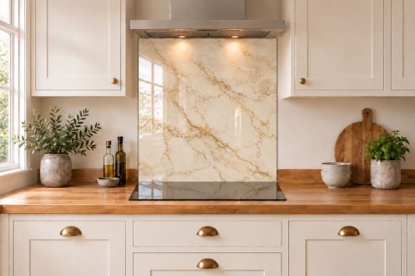 Champagne Gold Marble Effect Glass Splashback as a hob-width panel in a white shaker kitchen