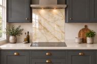 Champagne Gold Marble Effect Glass Splashback as a hob-width panel in a charcoal shaker kitchen