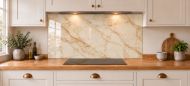 Champagne Gold Marble Effect Glass Splashback as a wide panel under the cooker hood in a white shaker kitchen