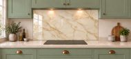 Champagne Gold Marble Effect Glass Splashback as a wide panel under the cooker hood in a sage shaker kitchen
