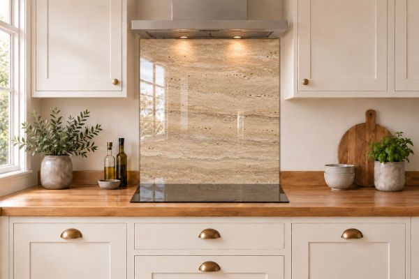 Warm Beige Travertine Effect Glass Splashback as a hob-width panel in a white shaker kitchen