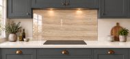 Warm Beige Travertine Effect Glass Splashback as a wide panel under the cooker hood in a charcoal shaker kitchen