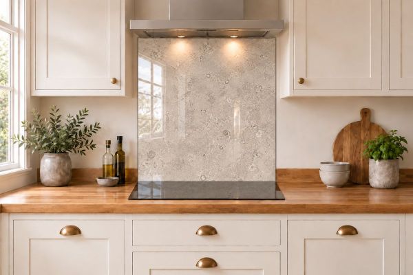 Soft Greige Limestone Effect Glass Splashback as a hob-width panel in a white shaker kitchen