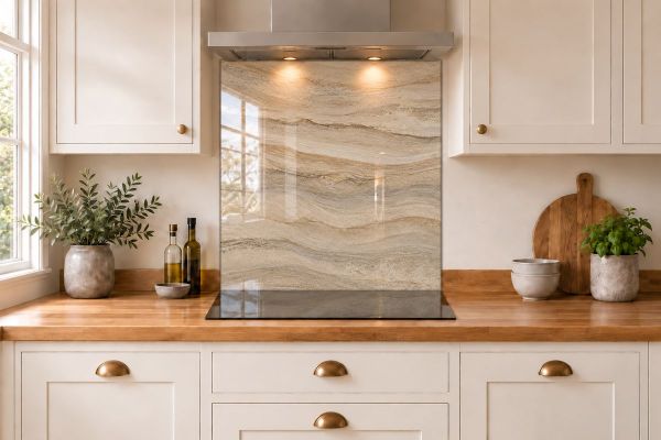 Sandstone Ripple Effect Glass Splashback as a hob-width panel in a white shaker kitchen