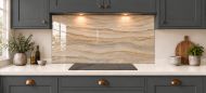 Sandstone Ripple Effect Glass Splashback as a wide panel under the cooker hood in a charcoal shaker kitchen
