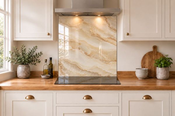 Ivory Onyx Effect Glass Splashback as a hob-width panel in a white shaker kitchen