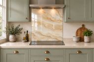 Ivory Onyx Effect Glass Splashback as a hob-width panel in a sage shaker kitchen