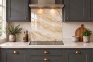 Ivory Onyx Effect Glass Splashback as a hob-width panel in a charcoal shaker kitchen