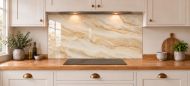 Ivory Onyx Effect Glass Splashback as a wide panel under the cooker hood in a white shaker kitchen