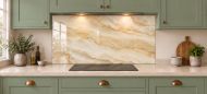 Ivory Onyx Effect Glass Splashback as a wide panel under the cooker hood in a sage shaker kitchen
